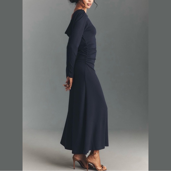 Anthropologie Long-Sleeve Cowl-Back Maxi Dress Navy Blue Medium NWT - Picture 3 of 13